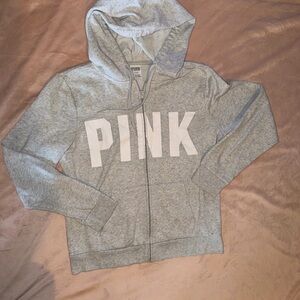 PINK Victoria's Secret Light Gray Zip Hoodie with White Logo
